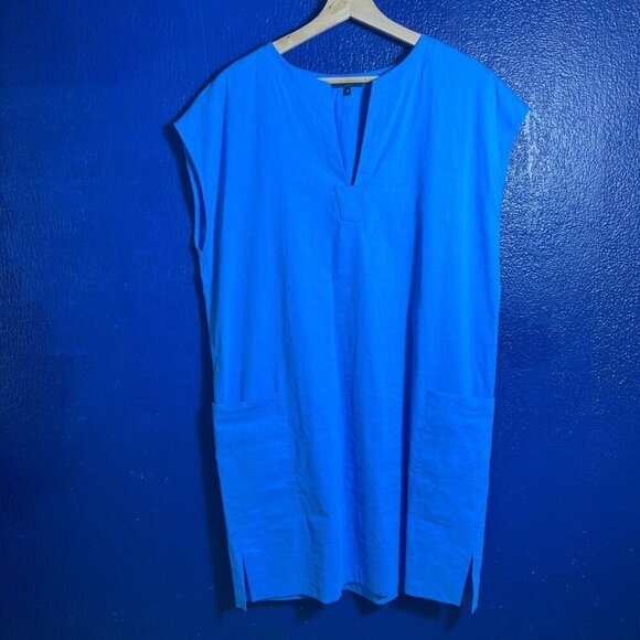 Theory Saturina Linen-Blend Shift Dress 10 Splitneck Waist patch pockets Casual - Picture 5 of 11